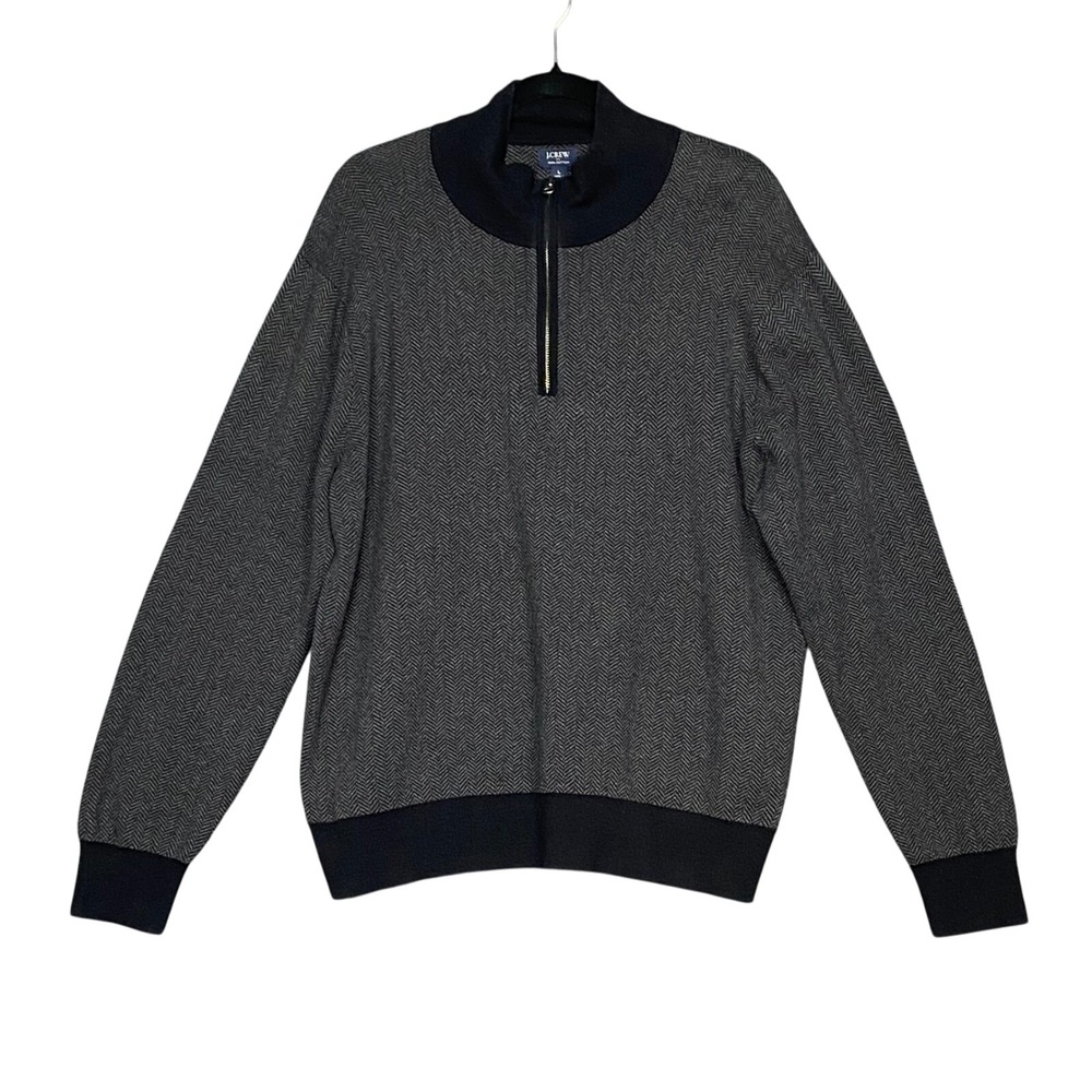 J.Crew Mens Large 1/4 Zip Herringbone‎ Pullover Sweater Cotton Gray Black Preppy